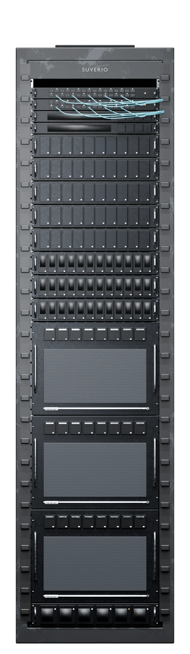 Front view of a full Suverio rack: a power shelf, three 8-GPU nodes, three storage and five compute nodes, two 1U gateways and two switches with fibre patching.